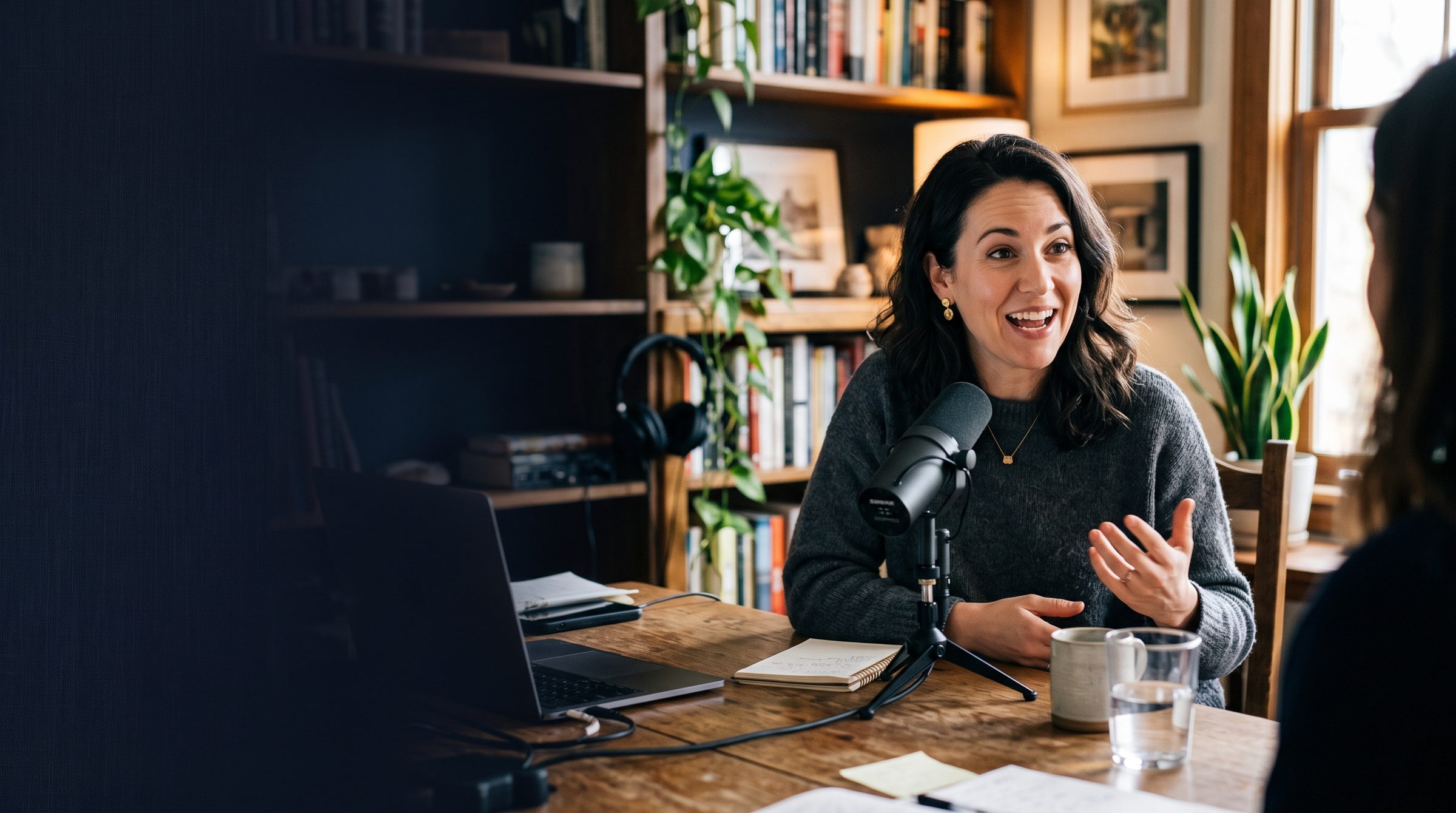 A woman mid-conversation at a podcast mic in her home office