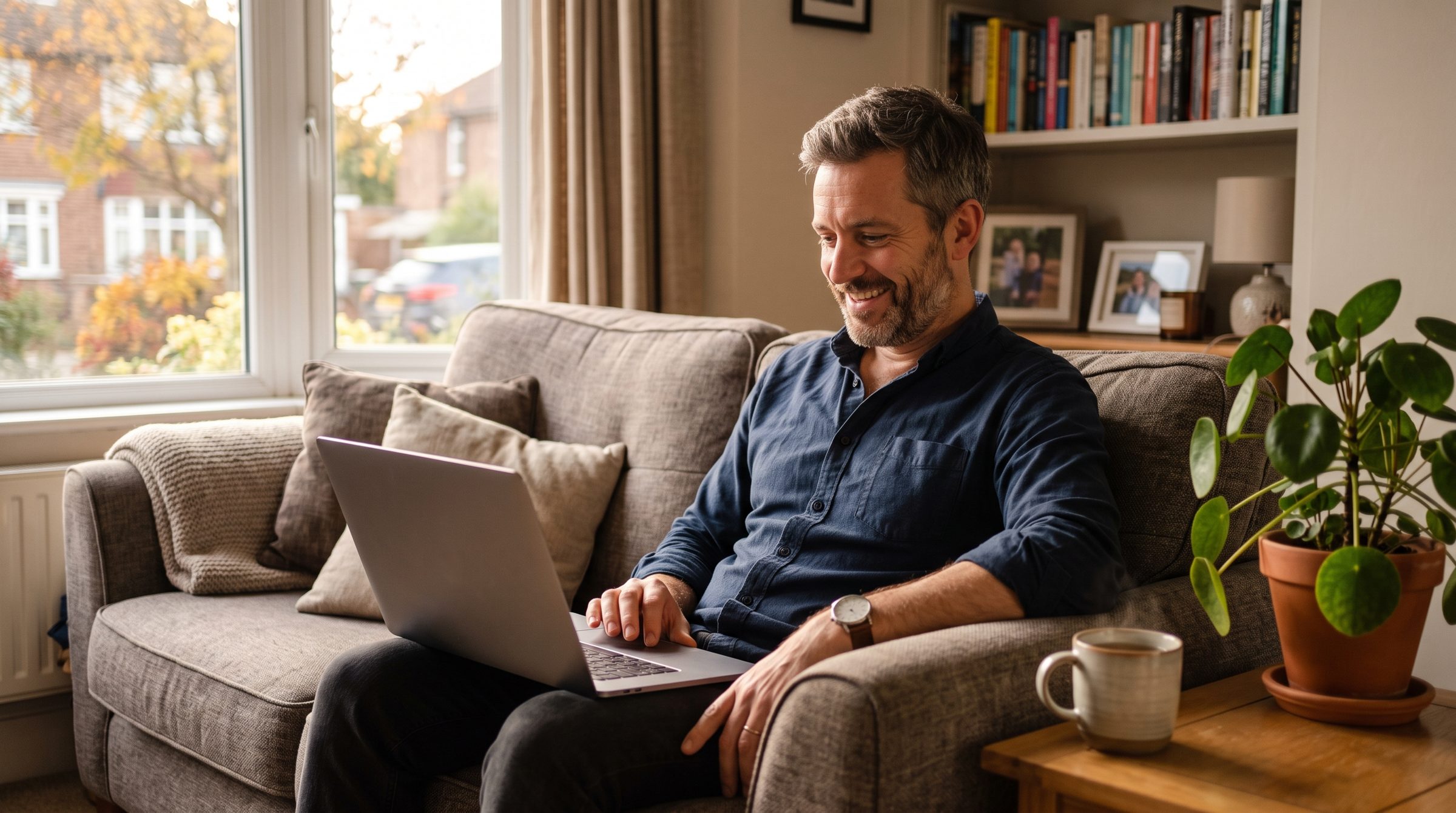 A man on his sofa reviewing an edit on his laptop