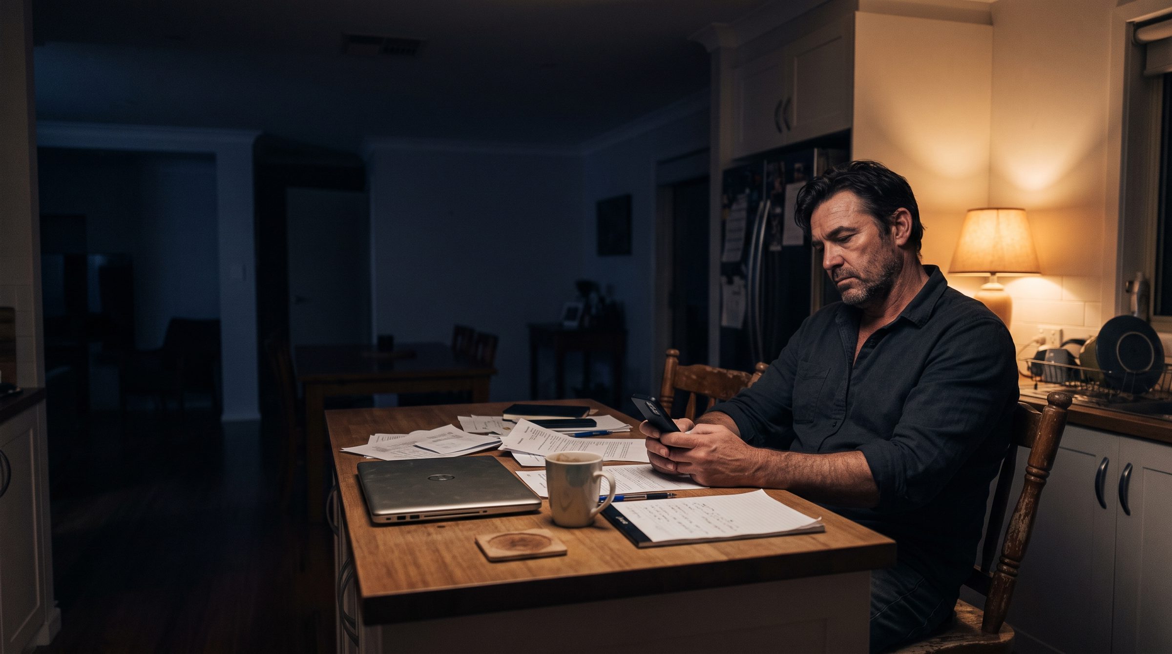 A tired business owner at his kitchen bench late at night, phone in hand